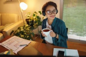 remote worker taking a break in home office