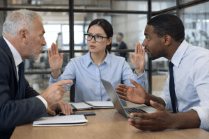 Woman managing conflict between two male employees